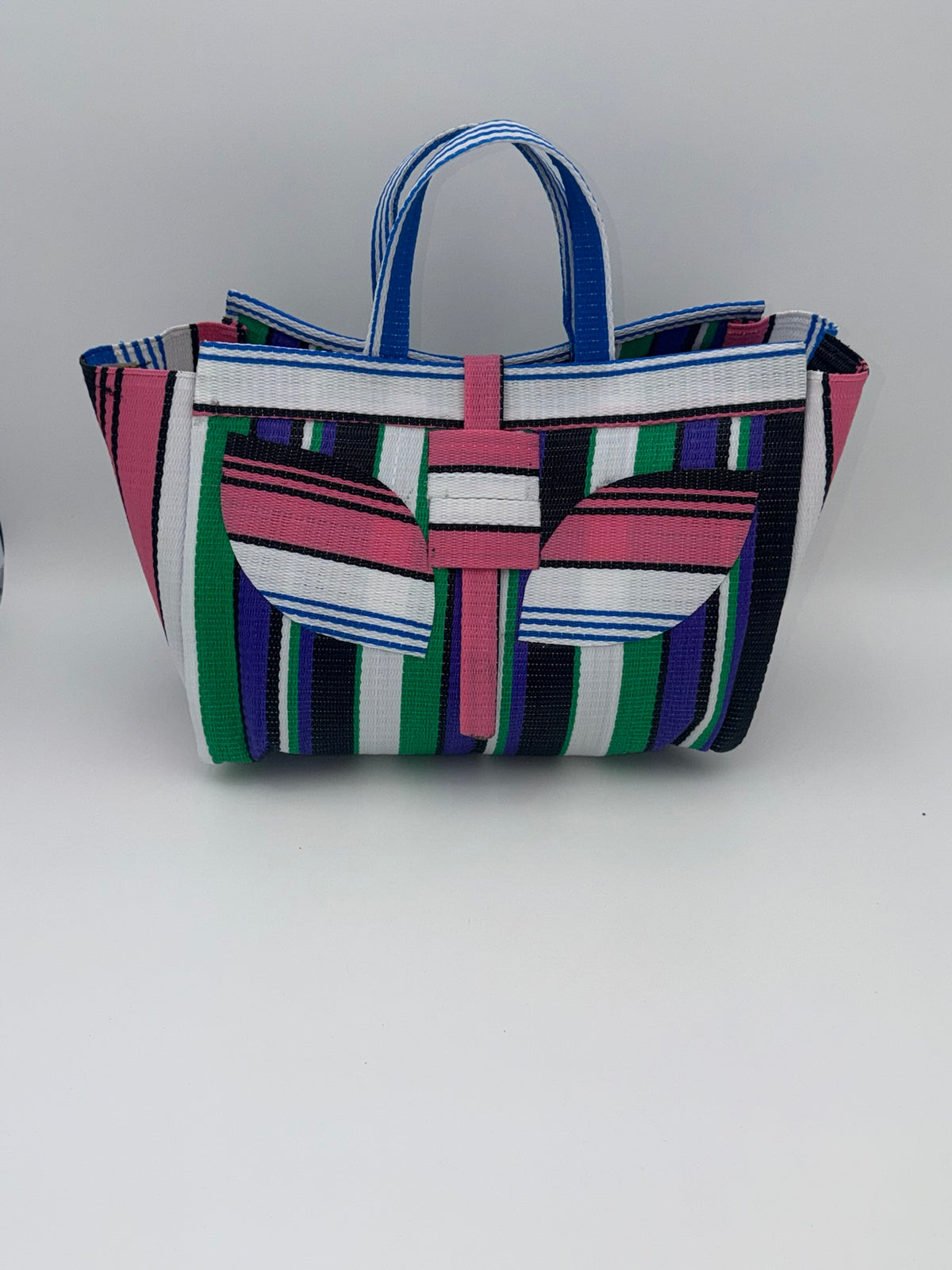 Emerald Large handwoven tote bag by SCRUBIES in Green,White,Black,Purple,Pink with Stripes design and Leaf accent pattern