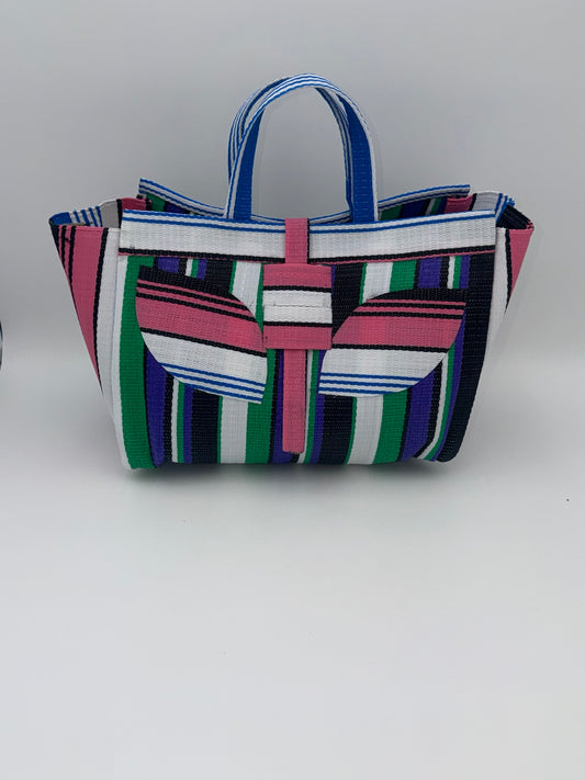 Emerald Large handwoven tote bag by SCRUBIES in Green,White,Black,Purple,Pink with Stripes design and Leaf accent pattern
