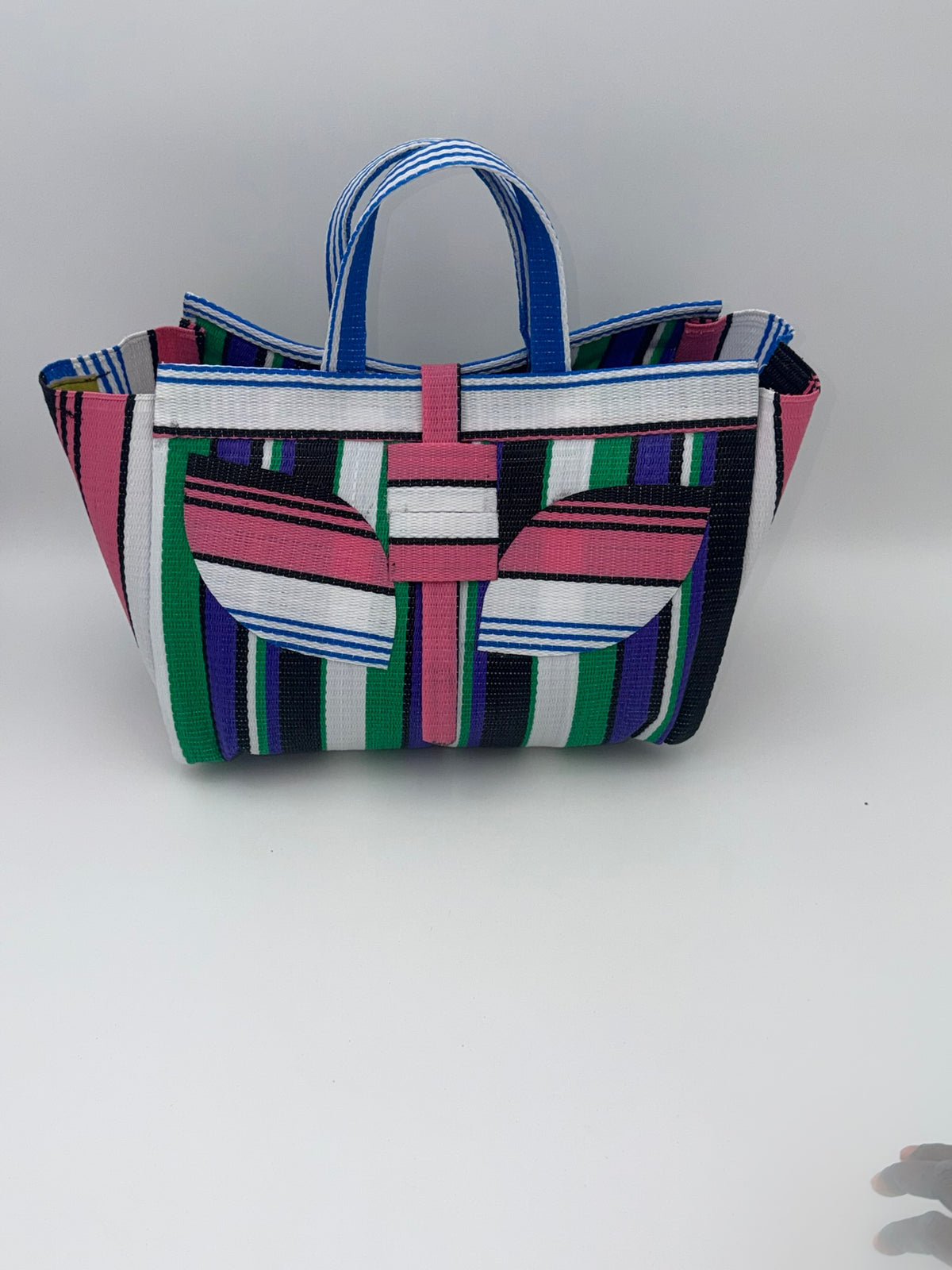 Emerald Large handwoven tote bag by SCRUBIES in Green,White,Black,Purple,Pink with Stripes design and Leaf accent pattern