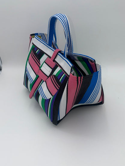 Emerald Large handwoven tote bag by SCRUBIES in Green,White,Black,Purple,Pink with Stripes design and Leaf accent pattern