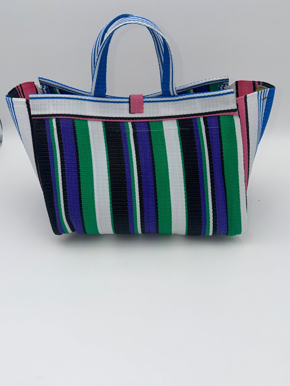 Emerald Large handwoven tote bag by SCRUBIES in Green,White,Black,Purple,Pink with Stripes design and Leaf accent pattern