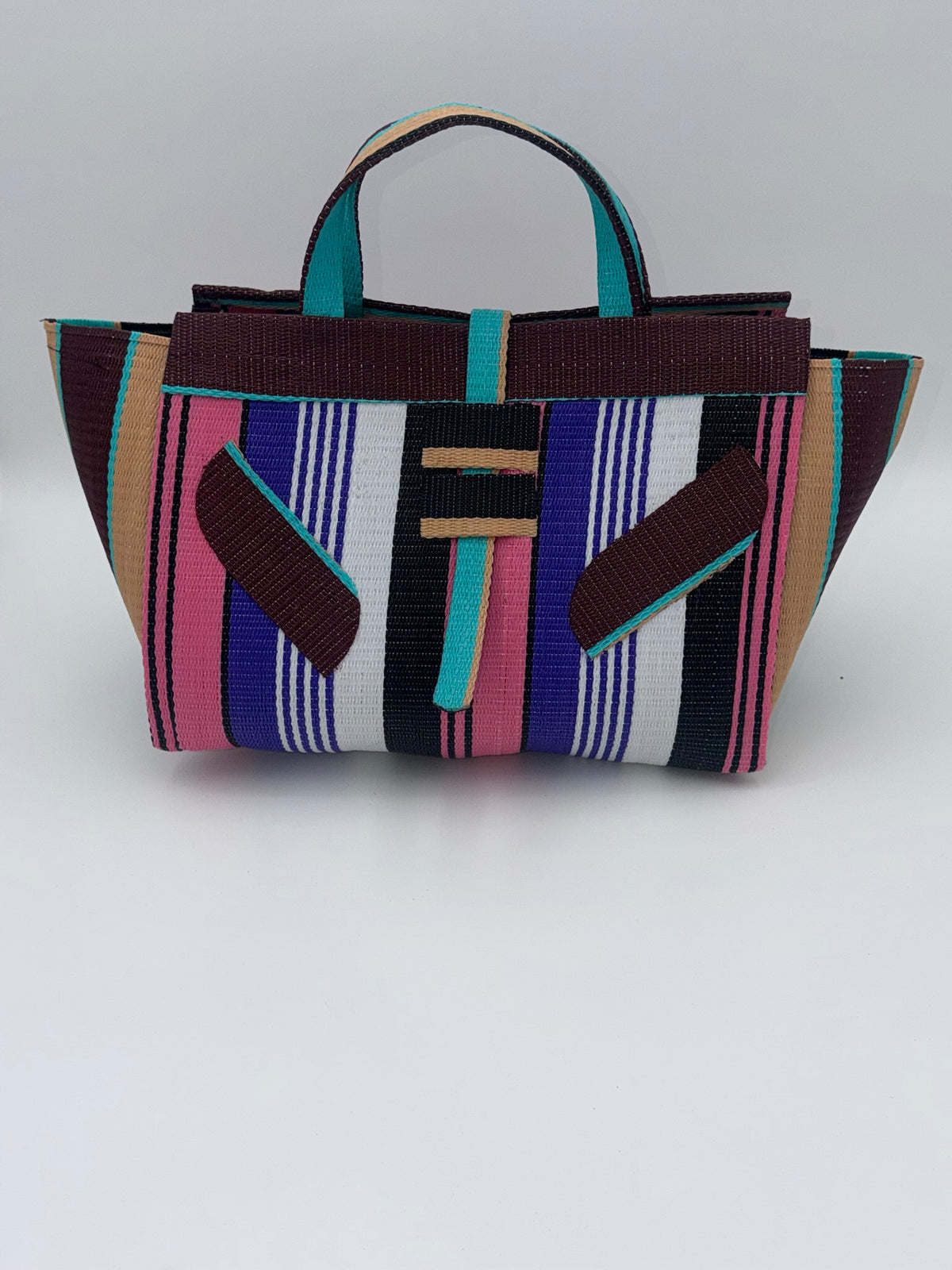 Lavender Large handwoven tote bag by SCRUBIES in Green,White,Black,Purple,Pink with Stripes design and Leaf accent pattern