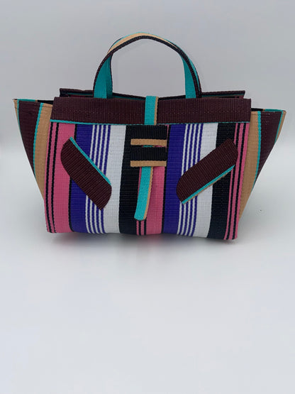 Lavender Large handwoven tote bag by SCRUBIES in Green,White,Black,Purple,Pink with Stripes design and Leaf accent pattern