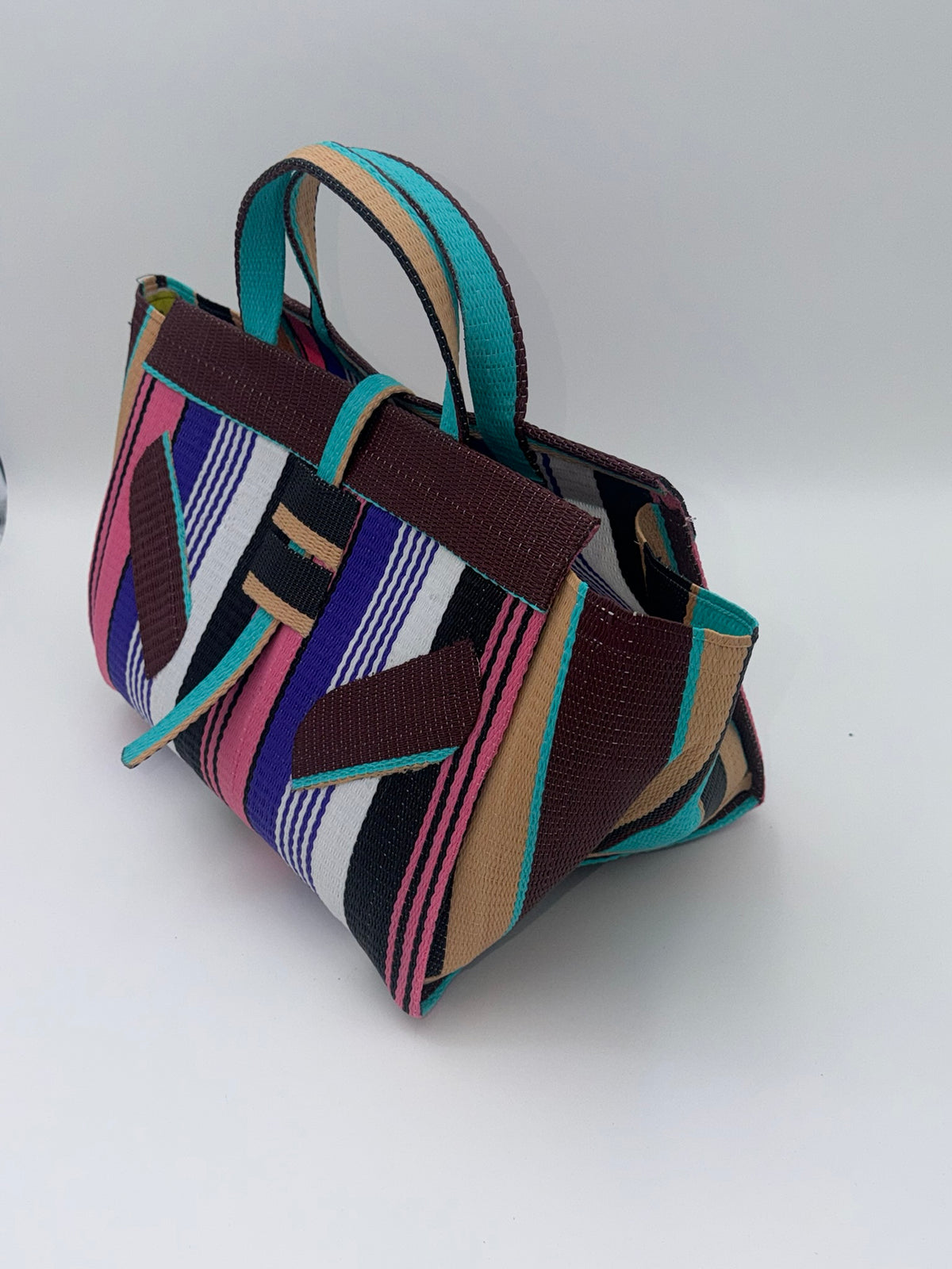 Lavender Large handwoven tote bag by SCRUBIES in Green,White,Black,Purple,Pink with Stripes design and Leaf accent pattern