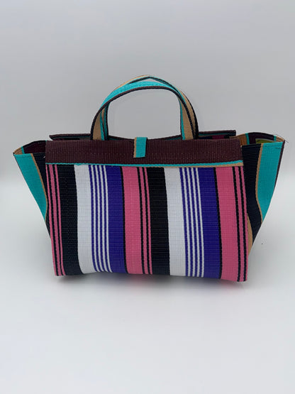 Lavender Large handwoven tote bag by SCRUBIES in Green,White,Black,Purple,Pink with Stripes design and Leaf accent pattern