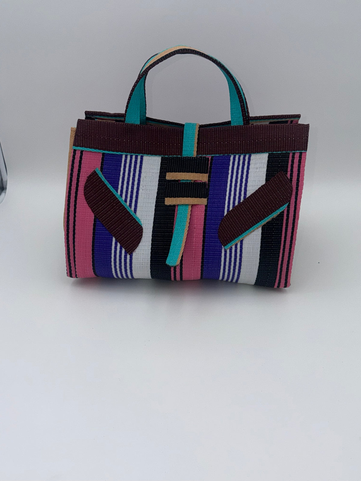 Lavender Large handwoven tote bag by SCRUBIES in Green,White,Black,Purple,Pink with Stripes design and Leaf accent pattern