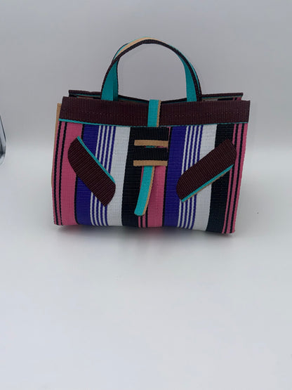 Lavender Large handwoven tote bag by SCRUBIES in Green,White,Black,Purple,Pink with Stripes design and Leaf accent pattern