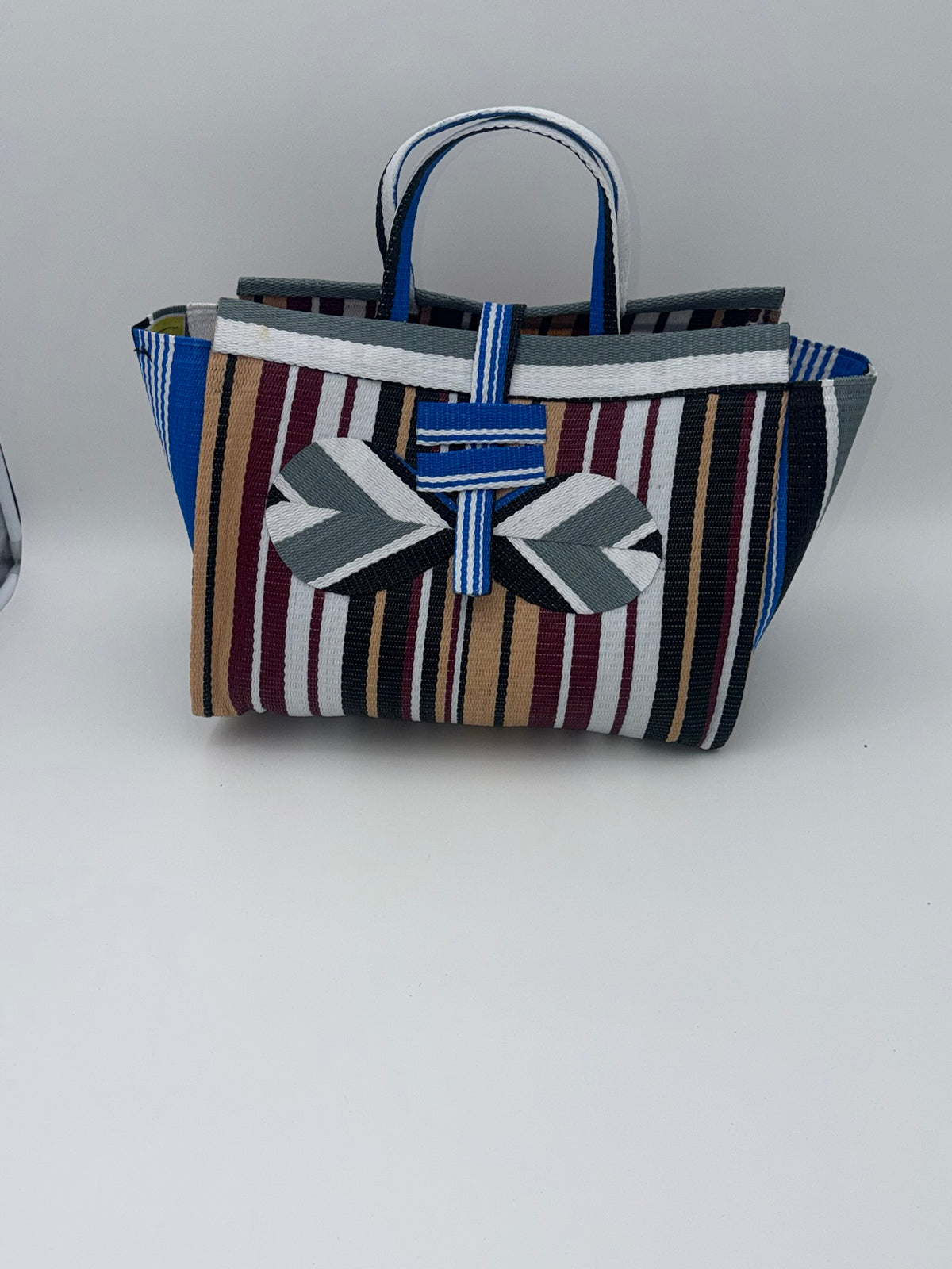 Woodland Large handwoven tote bag by SCRUBIES in Beige,Wine,White,Grey,Black with Stripes design and Bow accent pattern