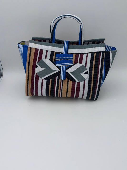 Woodland Large handwoven tote bag by SCRUBIES in Beige,Wine,White,Grey,Black with Stripes design and Bow accent pattern