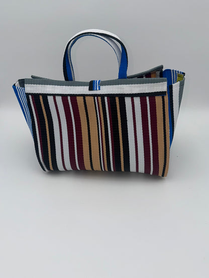 Woodland Large handwoven tote bag by SCRUBIES in Beige,Wine,White,Grey,Black with Stripes design and Bow accent pattern