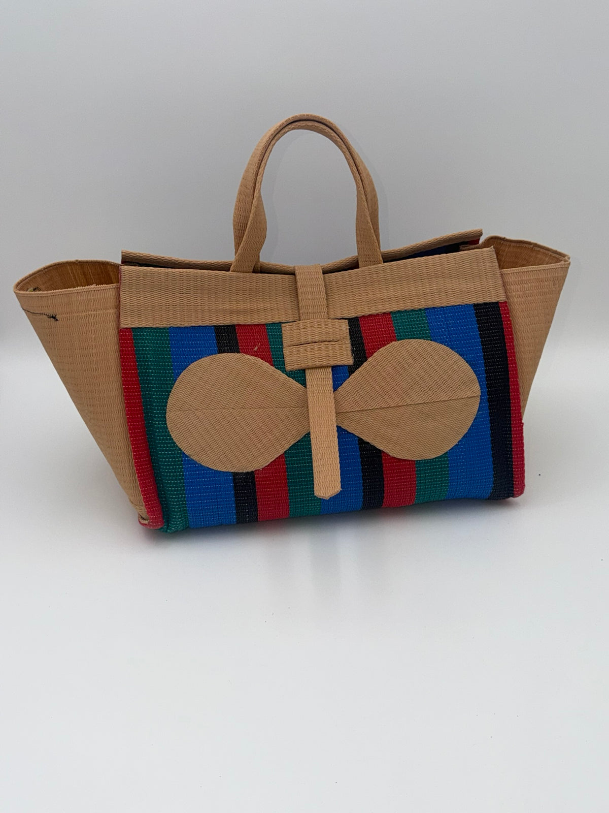 Red Blocks Large handwoven tote bag by SCRUBIES in Beige,Red,Green,Blue,Black with Block design and Bow accent pattern