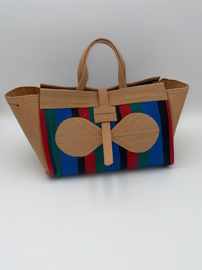 Red Blocks Large handwoven tote bag by SCRUBIES in Beige,Red,Green,Blue,Black with Block design and Bow accent pattern