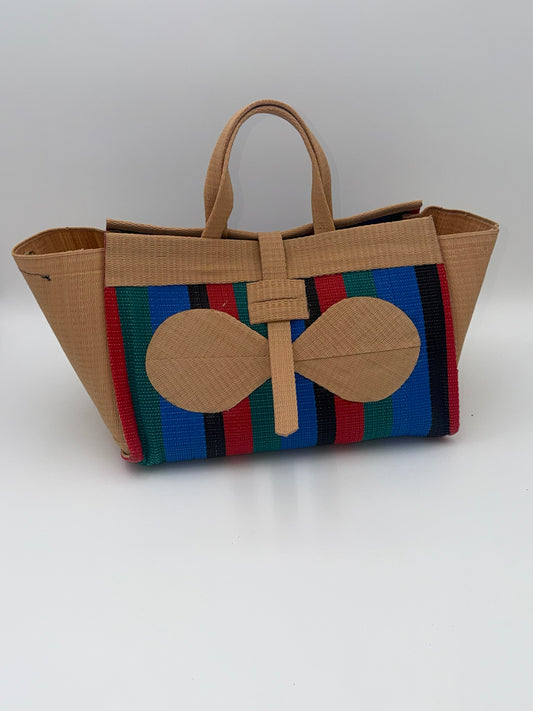 Red Blocks Large handwoven tote bag by SCRUBIES in Beige,Red,Green,Blue,Black with Block design and Bow accent pattern