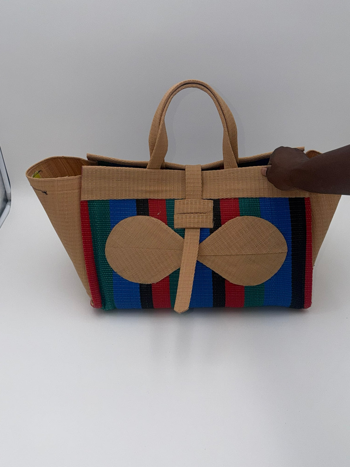 Red Blocks Large handwoven tote bag by SCRUBIES in Beige,Red,Green,Blue,Black with Block design and Bow accent pattern