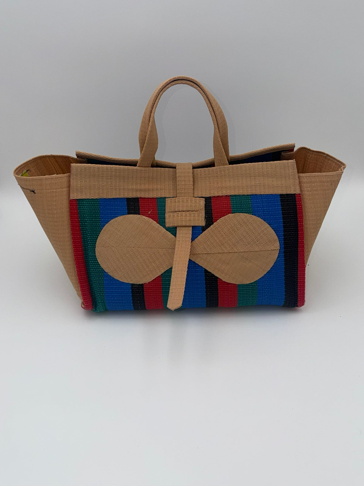 Red Blocks Large handwoven tote bag by SCRUBIES in Beige,Red,Green,Blue,Black with Block design and Bow accent pattern