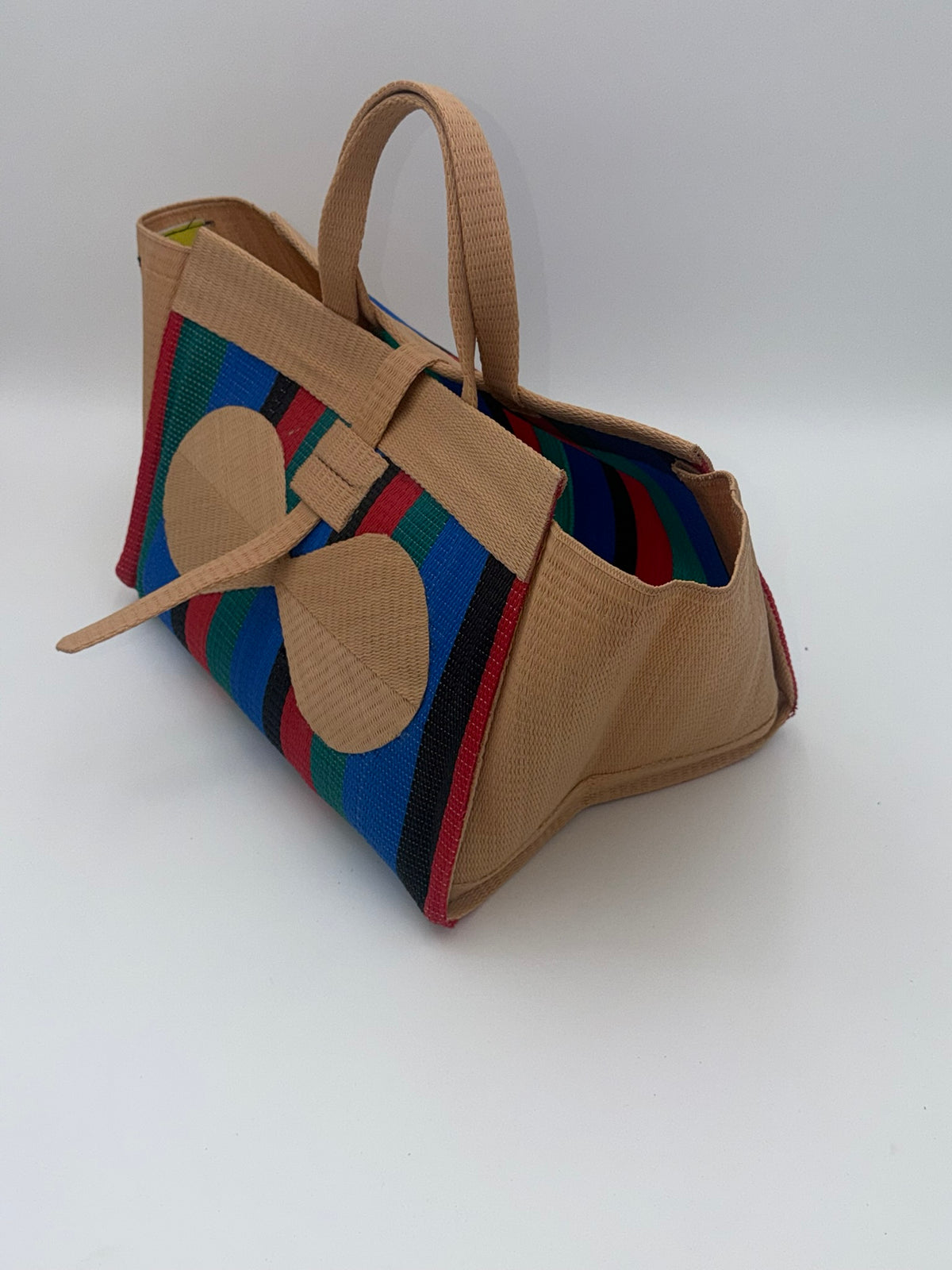 Red Blocks Large handwoven tote bag by SCRUBIES in Beige,Red,Green,Blue,Black with Block design and Bow accent pattern