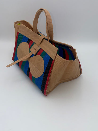 Red Blocks Large handwoven tote bag by SCRUBIES in Beige,Red,Green,Blue,Black with Block design and Bow accent pattern