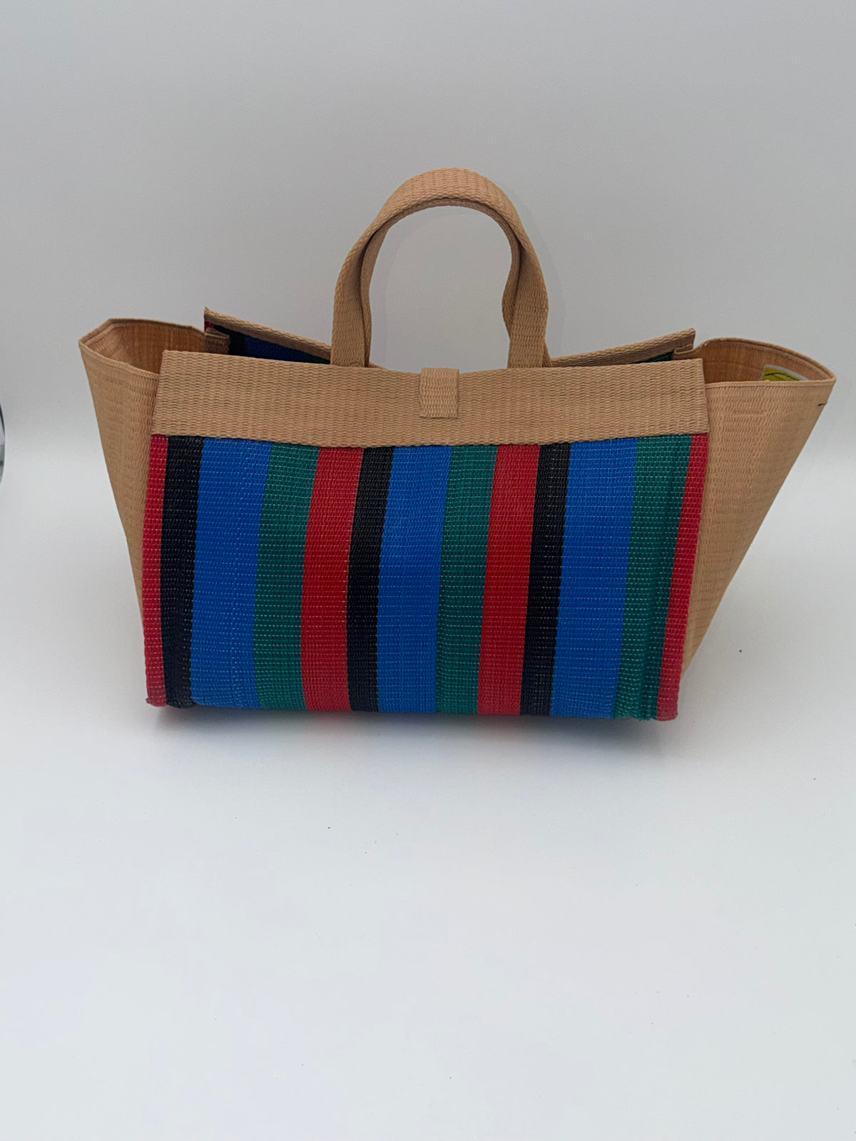 Red Blocks Large handwoven tote bag by SCRUBIES in Beige,Red,Green,Blue,Black with Block design and Bow accent pattern
