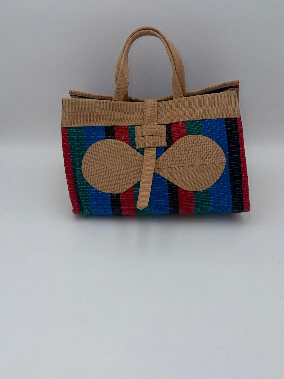 Red Blocks Large handwoven tote bag by SCRUBIES in Beige,Red,Green,Blue,Black with Block design and Bow accent pattern