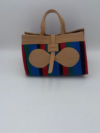 Red Blocks Large handwoven tote bag by SCRUBIES in Beige,Red,Green,Blue,Black with Block design and Bow accent pattern