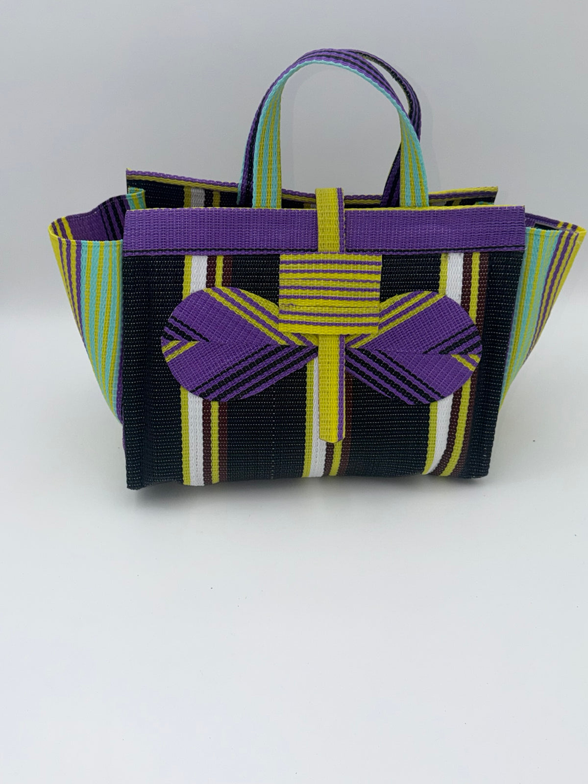 Midnight Large handwoven tote bag by SCRUBIES in Black,Purple,Yellow,White with Stripes design and Bow accent pattern