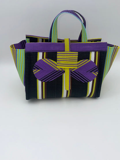 Midnight Large handwoven tote bag by SCRUBIES in Black,Purple,Yellow,White with Stripes design and Bow accent pattern
