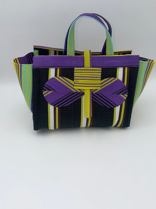 Midnight Large handwoven tote bag by SCRUBIES in Black,Purple,Yellow,White with Stripes design and Bow accent pattern