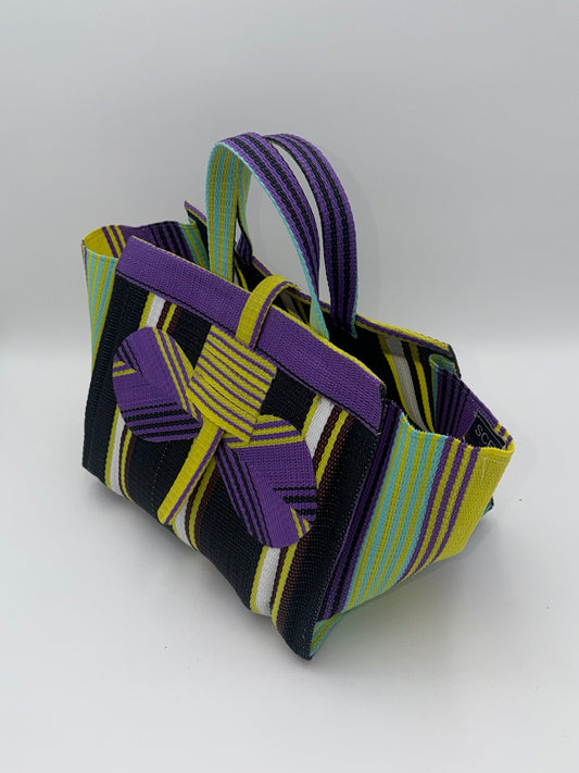 Midnight Large handwoven tote bag by SCRUBIES in Black,Purple,Yellow,White with Stripes design and Bow accent pattern
