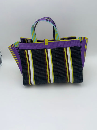 Midnight Large handwoven tote bag by SCRUBIES in Black,Purple,Yellow,White with Stripes design and Bow accent pattern