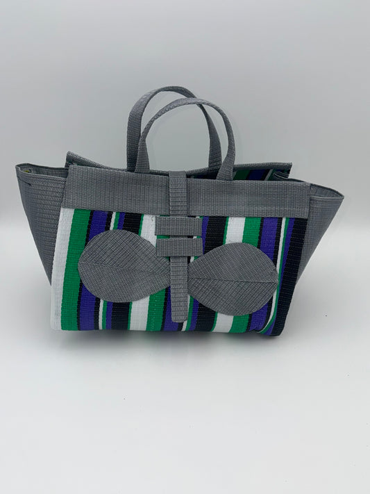 Lavender Large handwoven tote bag by SCRUBIES in Grey,White,Green,Purple,Black with Stripes design and Bow accent pattern