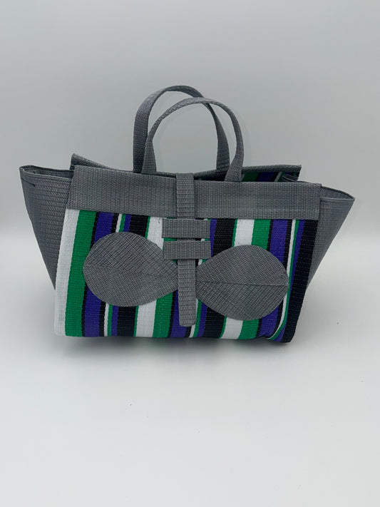 Lavender Large handwoven tote bag by SCRUBIES in Grey,White,Green,Purple,Black with Stripes design and Bow accent pattern