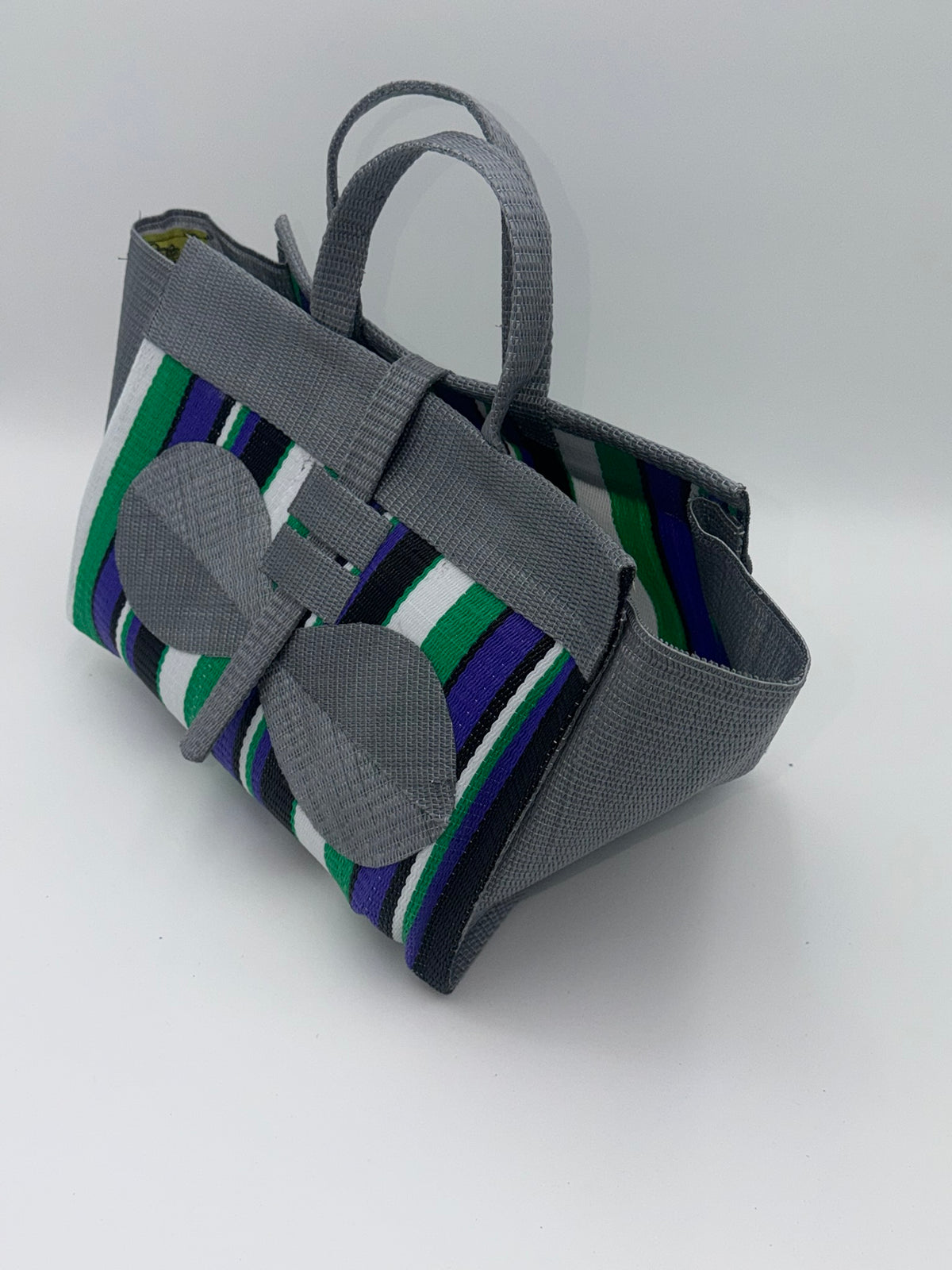 Lavender Large handwoven tote bag by SCRUBIES in Grey,White,Green,Purple,Black with Stripes design and Bow accent pattern
