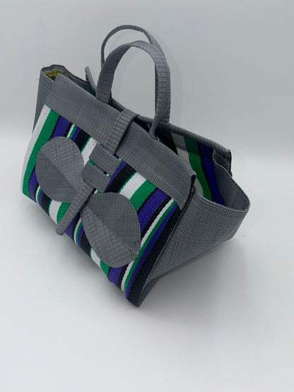 Lavender Large handwoven tote bag by SCRUBIES in Grey,White,Green,Purple,Black with Stripes design and Bow accent pattern
