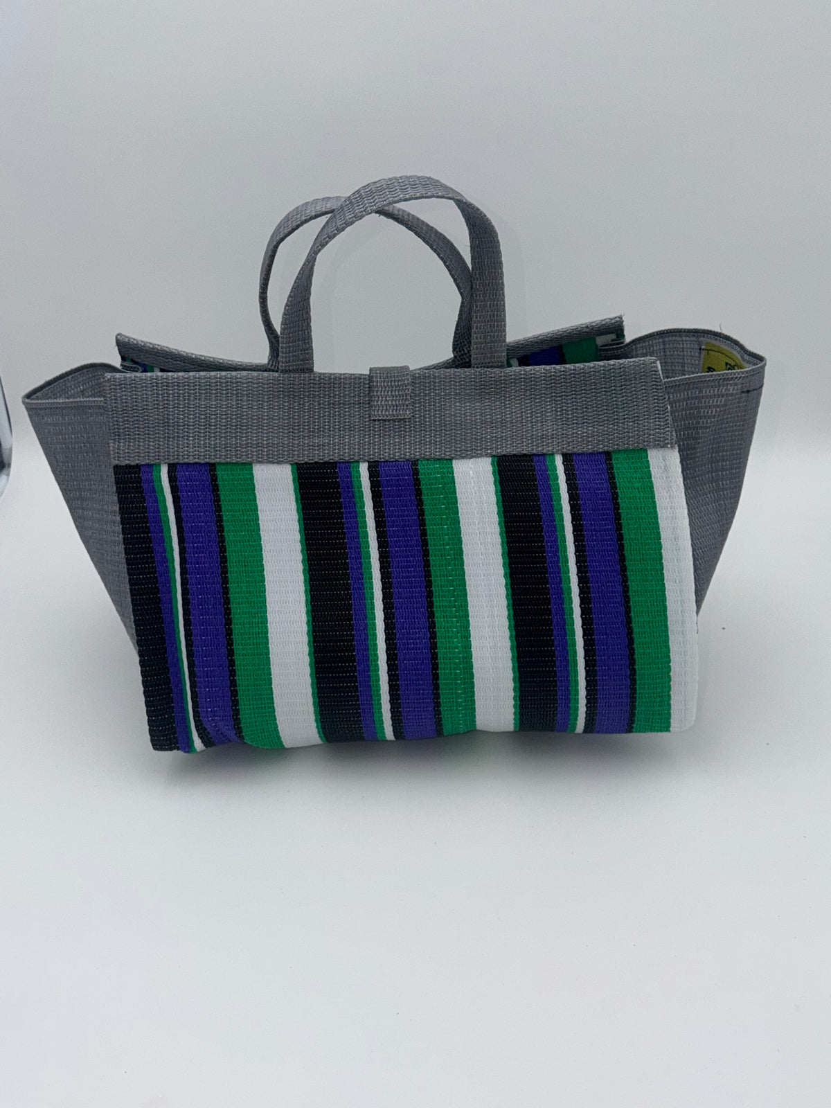 Lavender Large handwoven tote bag by SCRUBIES in Grey,White,Green,Purple,Black with Stripes design and Bow accent pattern