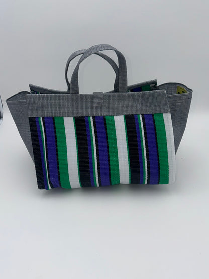 Lavender Large handwoven tote bag by SCRUBIES in Grey,White,Green,Purple,Black with Stripes design and Bow accent pattern