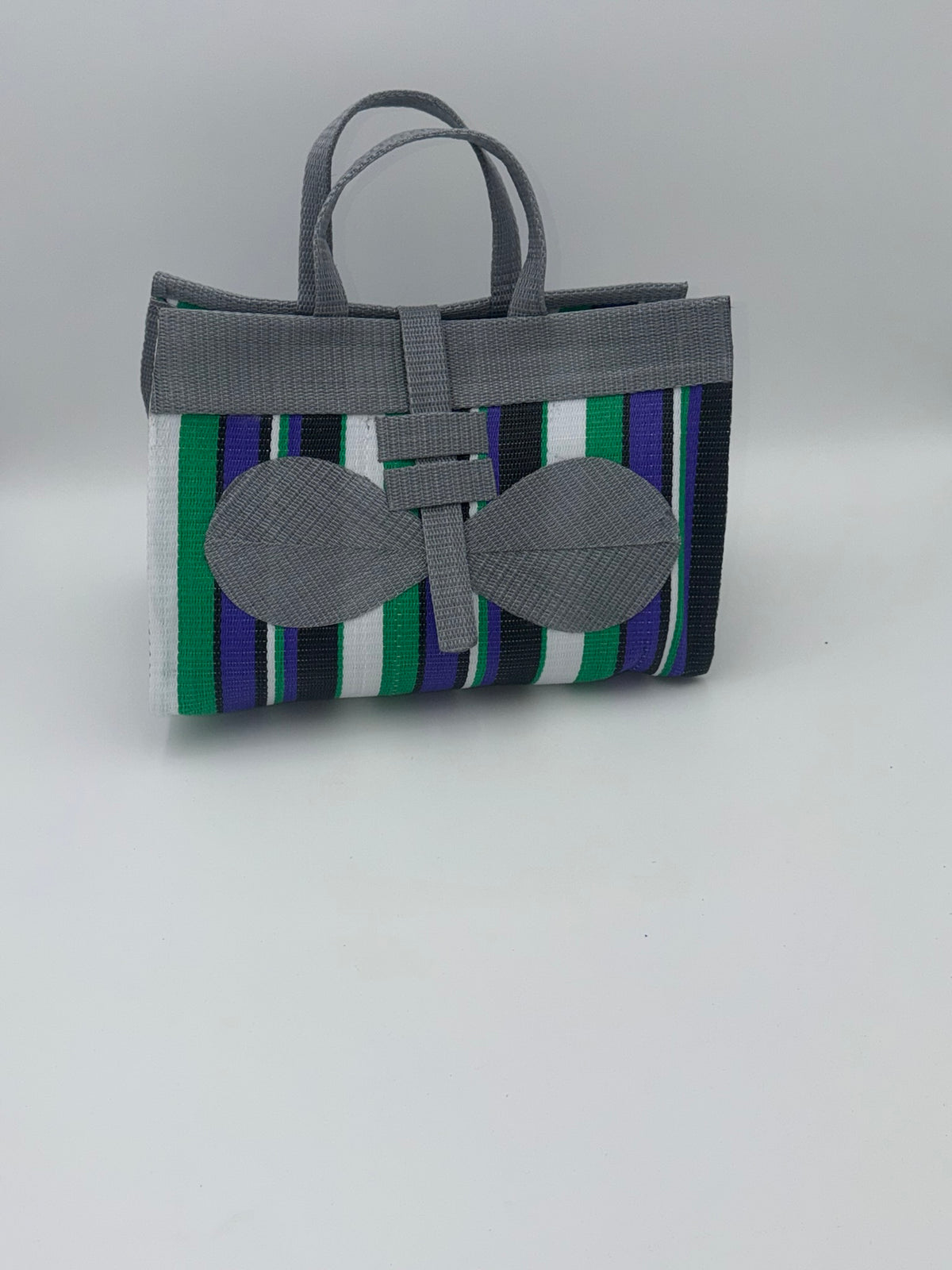Lavender Large handwoven tote bag by SCRUBIES in Grey,White,Green,Purple,Black with Stripes design and Bow accent pattern