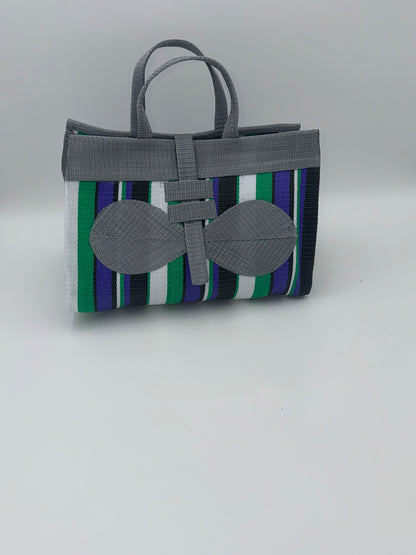Lavender Large handwoven tote bag by SCRUBIES in Grey,White,Green,Purple,Black with Stripes design and Bow accent pattern