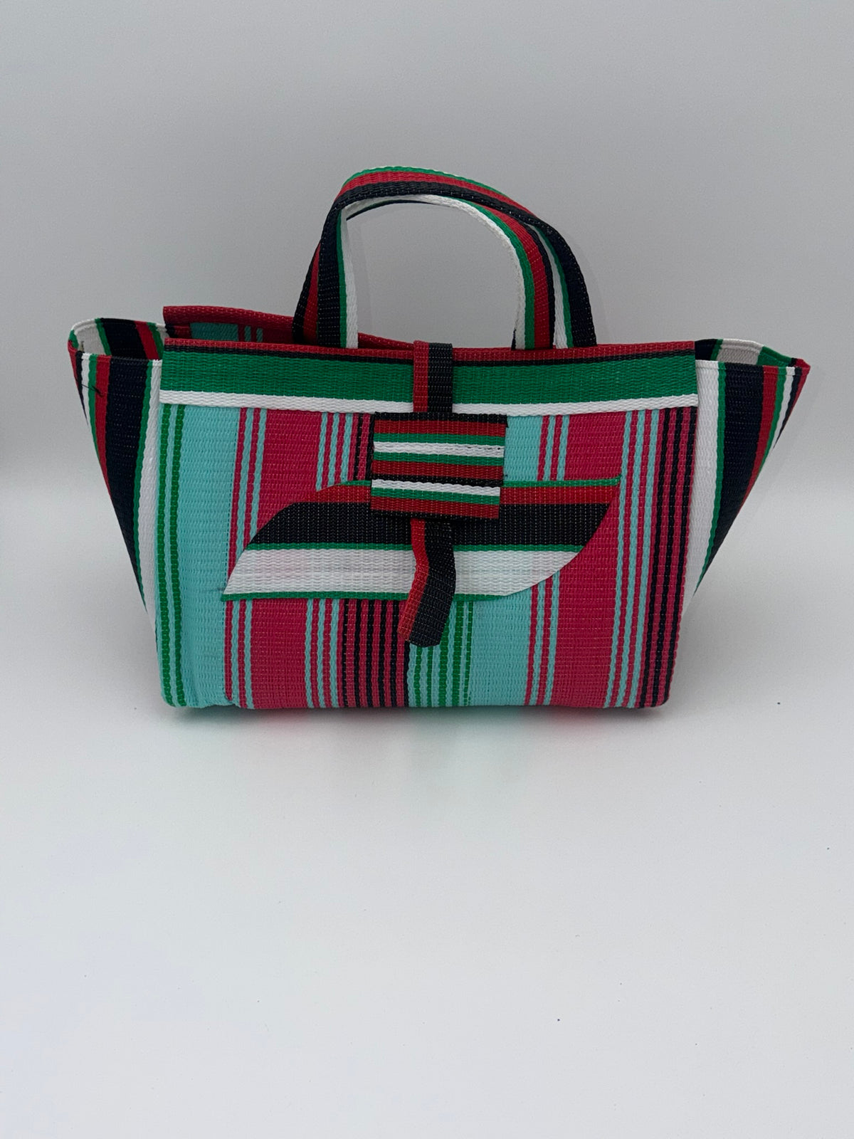 Candy Large handwoven tote bag by SCRUBIES in Teal,Pink,Green,White,Black,Red with Stripes design and Almond accent pattern