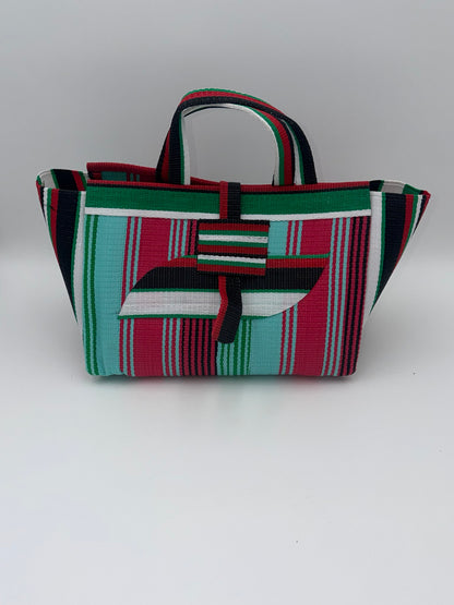 Candy Large handwoven tote bag by SCRUBIES in Teal,Pink,Green,White,Black,Red with Stripes design and Almond accent pattern