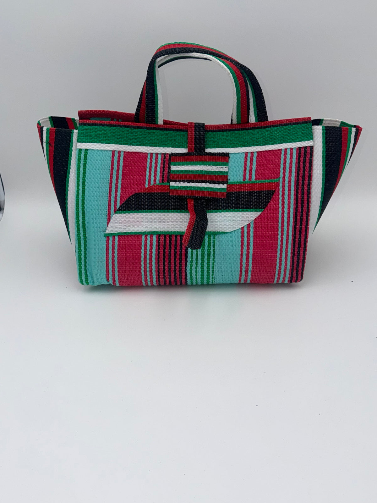 Candy Large handwoven tote bag by SCRUBIES in Teal,Pink,Green,White,Black,Red with Stripes design and Almond accent pattern