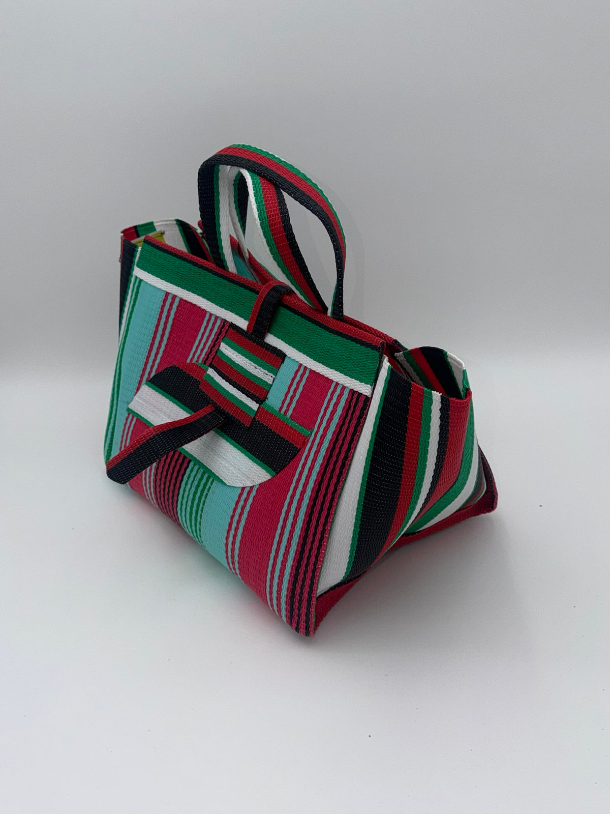 Candy Large handwoven tote bag by SCRUBIES in Teal,Pink,Green,White,Black,Red with Stripes design and Almond accent pattern