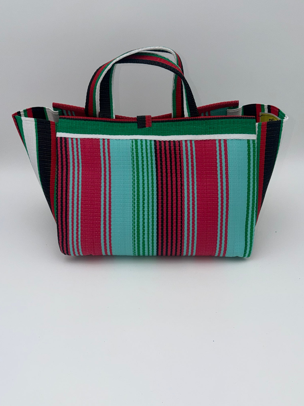 Candy Large handwoven tote bag by SCRUBIES in Teal,Pink,Green,White,Black,Red with Stripes design and Almond accent pattern