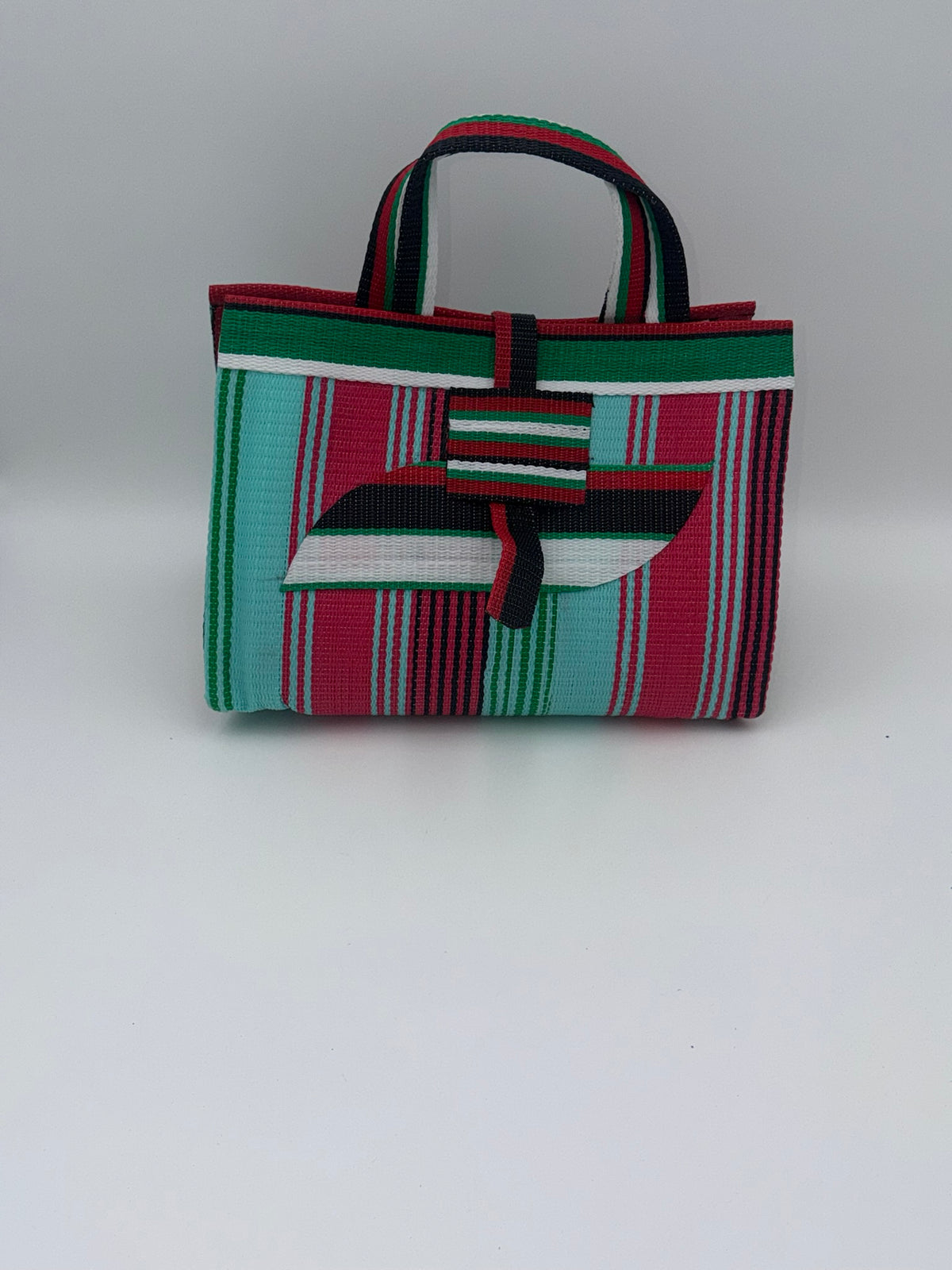 Candy Large handwoven tote bag by SCRUBIES in Teal,Pink,Green,White,Black,Red with Stripes design and Almond accent pattern