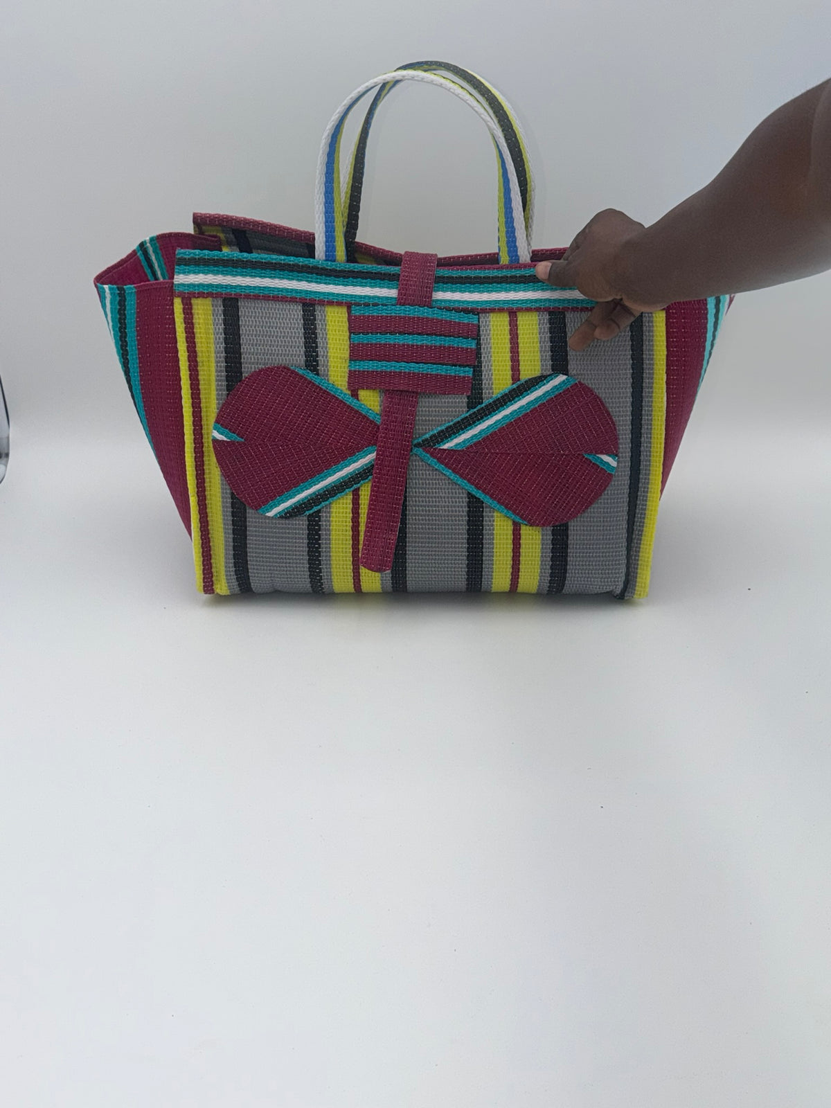 Candy Large handwoven tote bag by SCRUBIES in Teal,Pink,Green,White,Black,Red with Stripes design and Almond accent pattern
