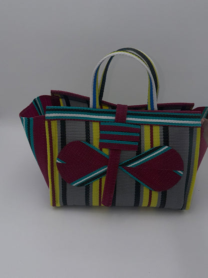 Candy Large handwoven tote bag by SCRUBIES in Teal,Pink,Green,White,Black,Red with Stripes design and Almond accent pattern