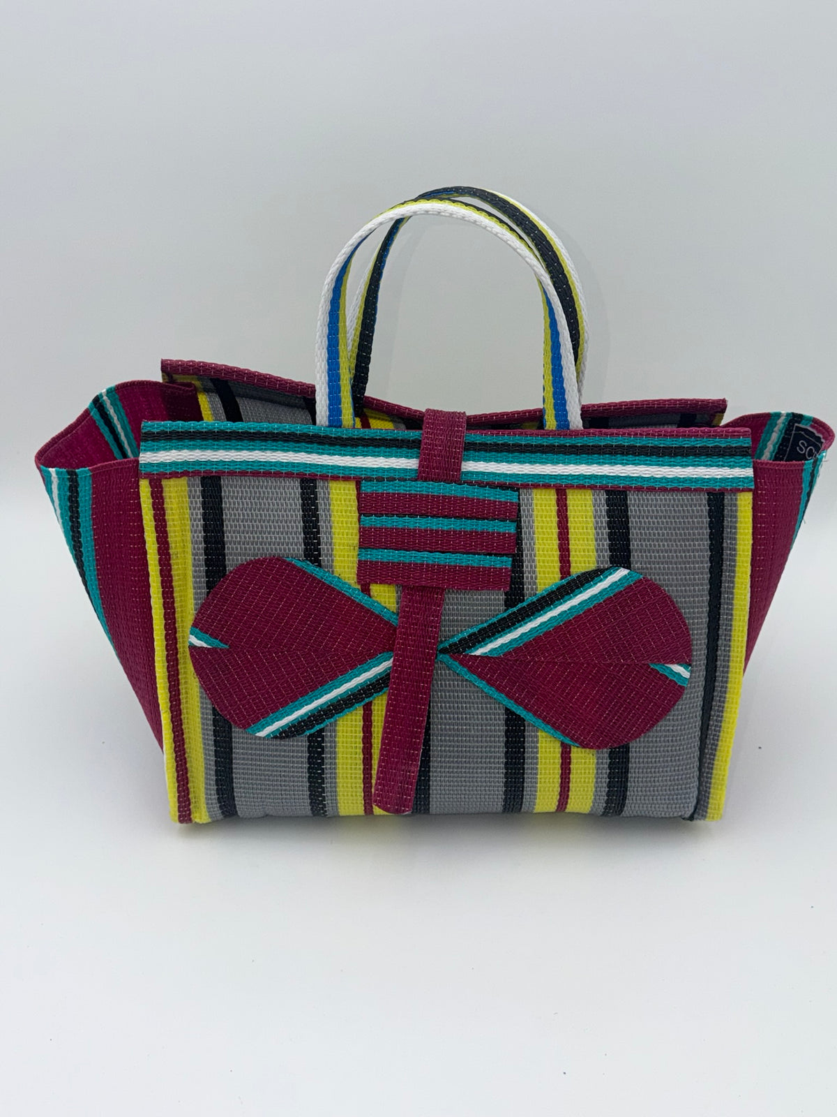 Carbon Large handwoven tote bag by SCRUBIES in Wine,Yellow,Grey,Teal with Stripes design and Bow accent pattern