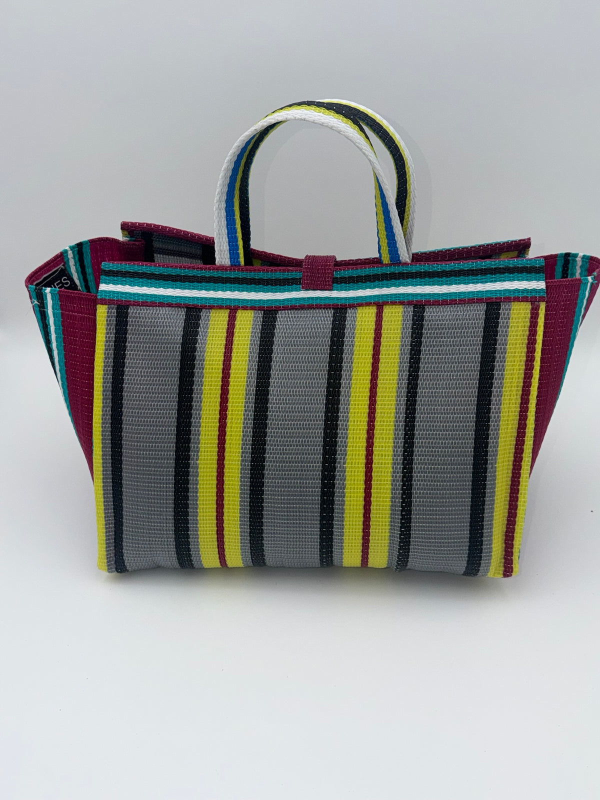 Carbon Large handwoven tote bag by SCRUBIES in Wine,Yellow,Grey,Teal with Stripes design and Bow accent pattern