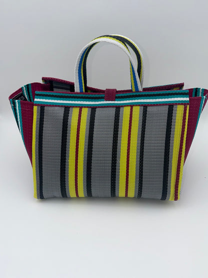 Carbon Large handwoven tote bag by SCRUBIES in Wine,Yellow,Grey,Teal with Stripes design and Bow accent pattern