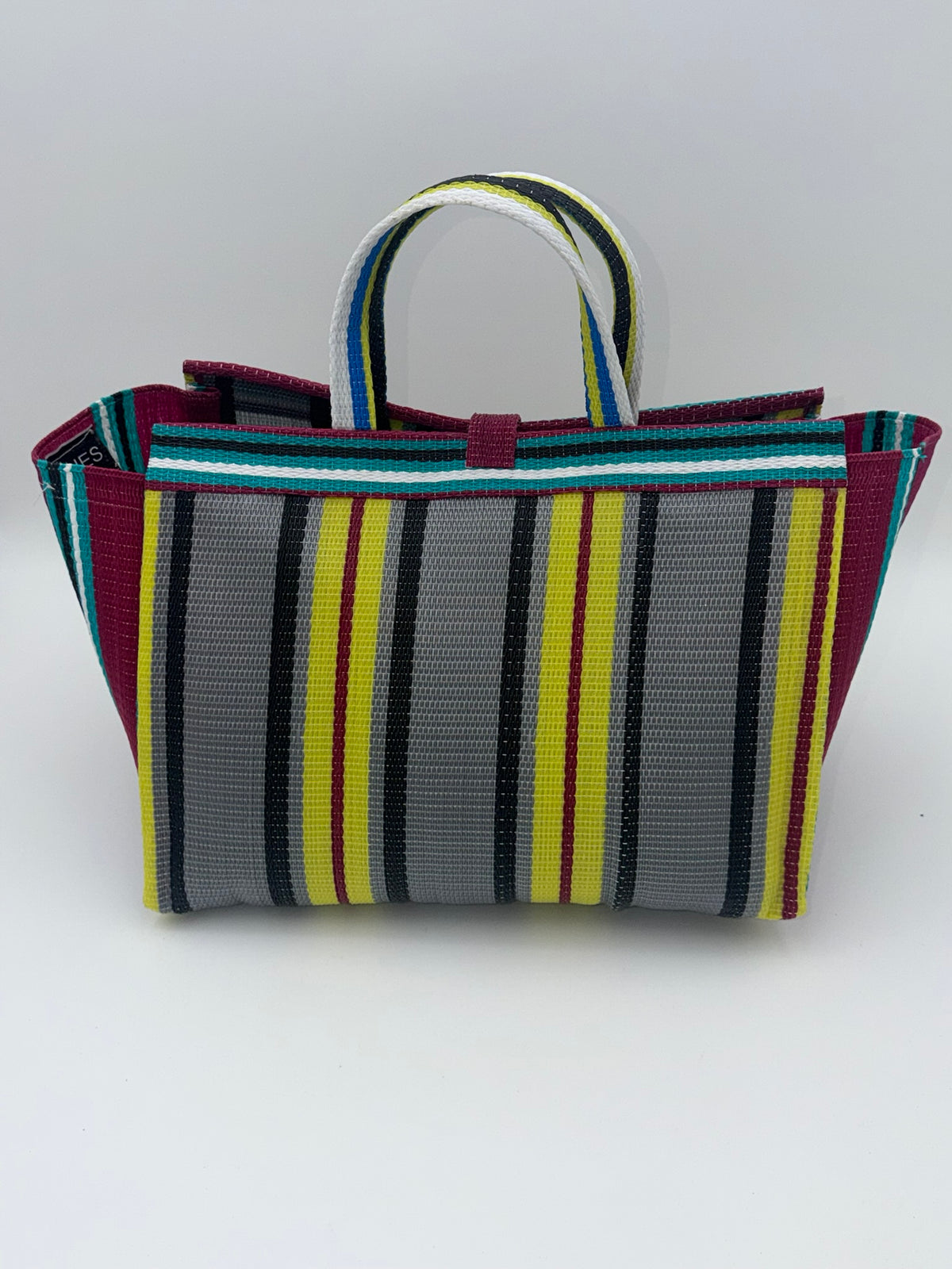 Carbon Large handwoven tote bag by SCRUBIES in Wine,Yellow,Grey,Teal with Stripes design and Bow accent pattern