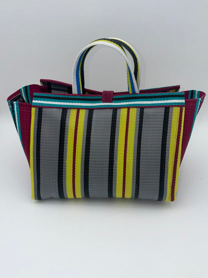 Carbon Large handwoven tote bag by SCRUBIES in Wine,Yellow,Grey,Teal with Stripes design and Bow accent pattern